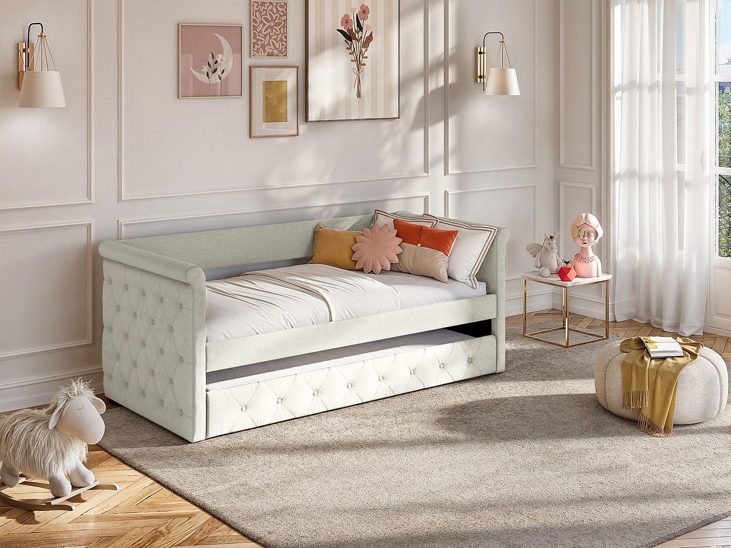 Ausziehbett + Matratze - 2 x 90 x 190 cm - Stoff - Beige - LOUISE günstig online kaufen