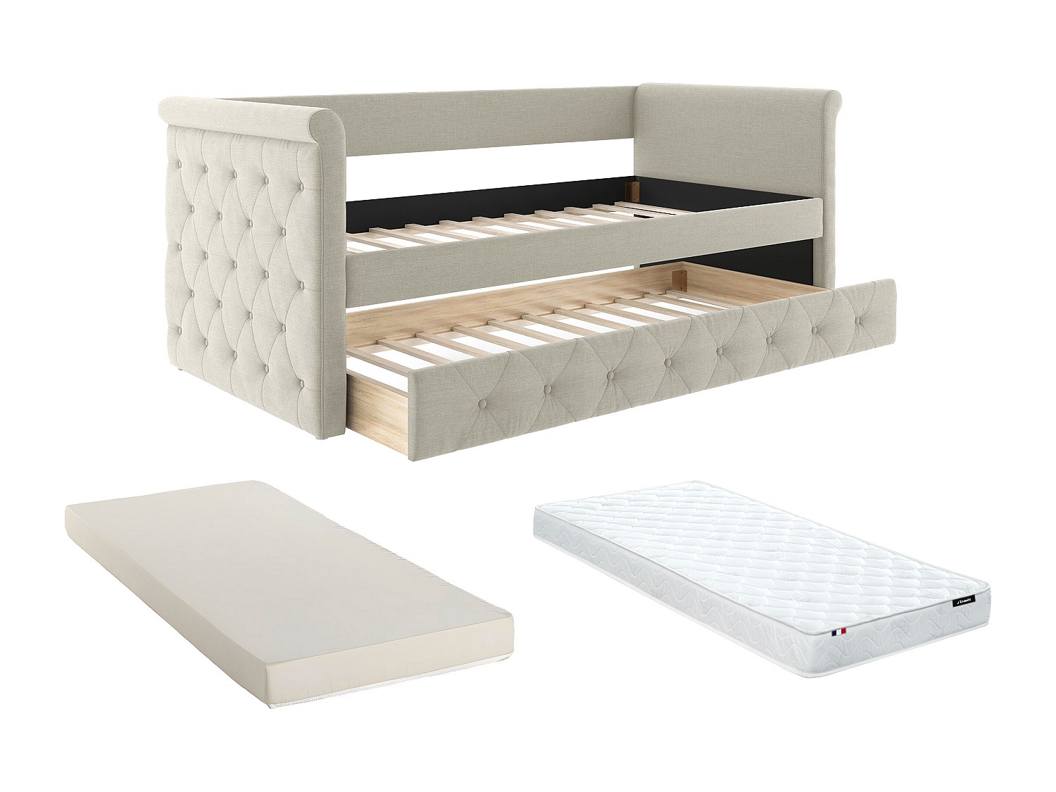 Ausziehbett + Matratze - 2 x 90 x 190 cm - Stoff - Beige - LOUISE günstig online kaufen