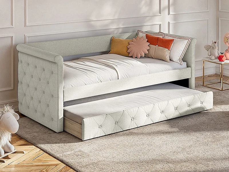 Lit banquette gigogne capitonné - 2 x 90 x 190 cm - Tissu - Beige + Matelas - LOUISE
