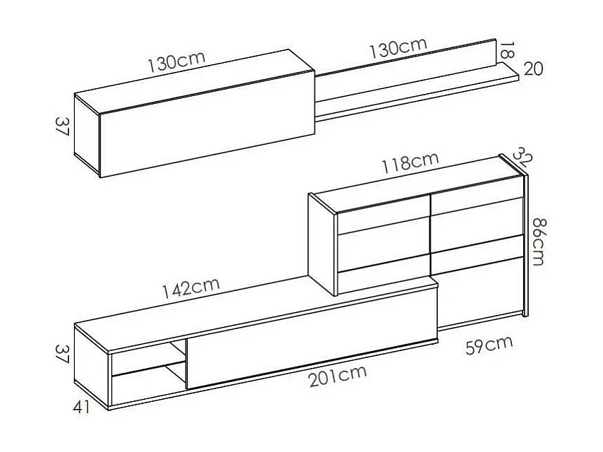 Ensemble meuble séjour living avec vitrine LED - Décor chene et blanc - L 260 x P 41 x H 180 cm - UMA