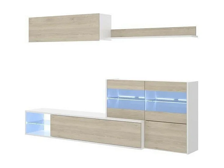 Ensemble meuble séjour living avec vitrine LED - Décor chene et blanc - L 260 x P 41 x H 180 cm - UMA