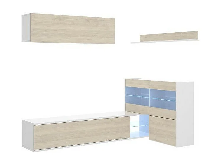 Ensemble meuble séjour living avec vitrine LED - Décor chene et blanc - L 260 x P 41 x H 180 cm - UMA