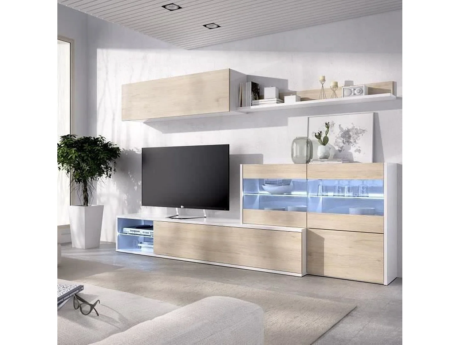 Ensemble meuble séjour living avec vitrine LED - Décor chene et blanc - L 260 x P 41 x H 180 cm - UMA