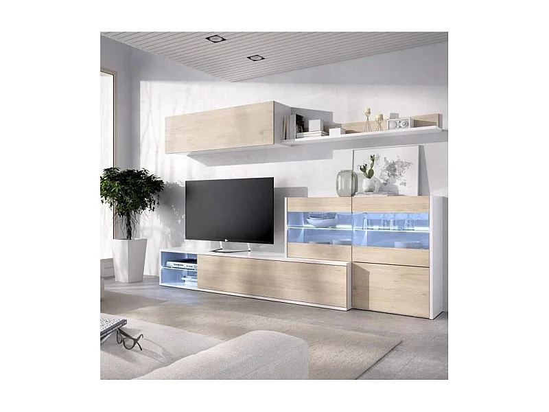 Ensemble meuble séjour living avec vitrine LED - Décor chene et blanc - L 260 x P 41 x H 180 cm - UMA