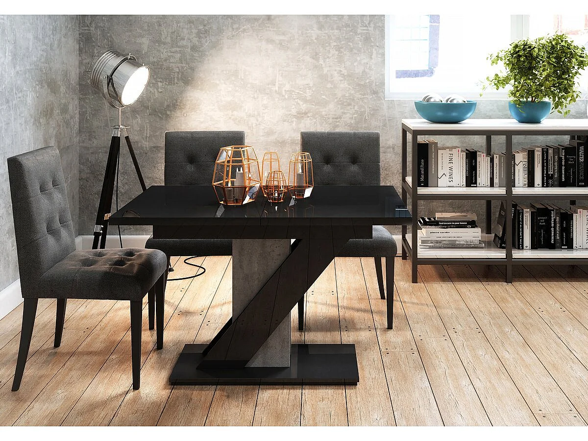 Table repas extensible "MEVA" - 120/160 X 80 X 75 cm - Noir brillant/Béton