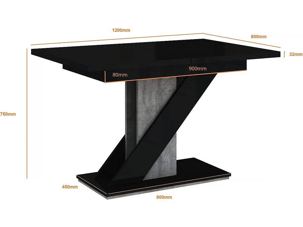 Table repas extensible "MEVA" - 120/160 X 80 X 75 cm - Noir brillant/Béton
