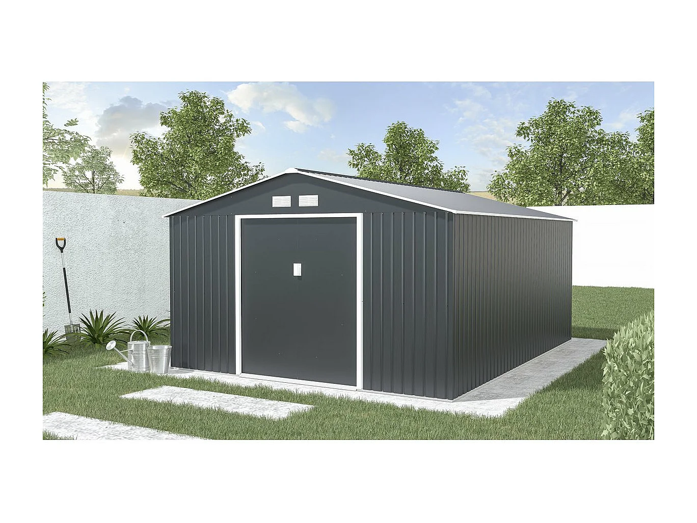 Abrigo de jardim em metal "Vegas" 15m² com porta de correr dupla e ventilação ótima - Cinza