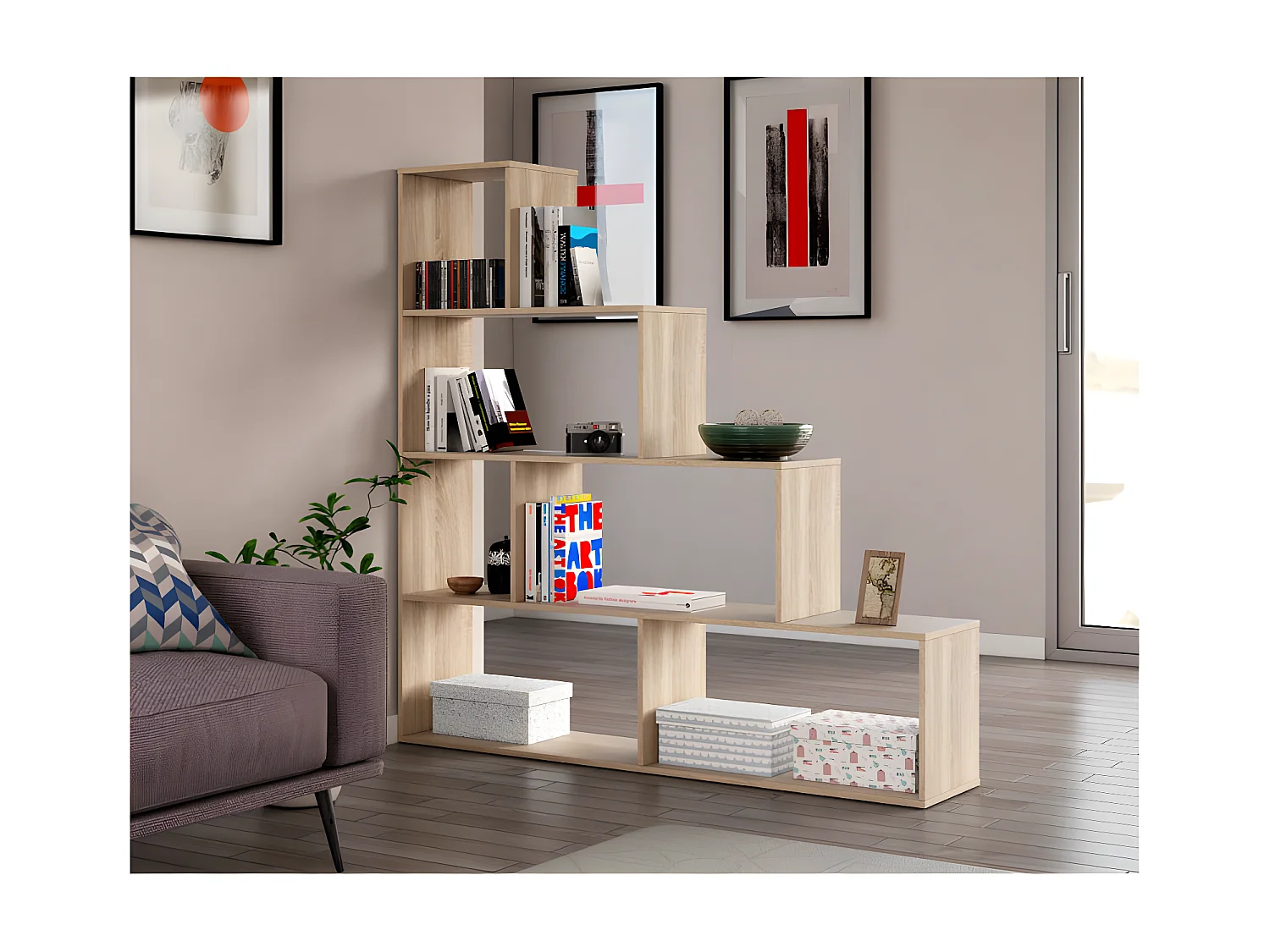 Bibliothèque escalier 4 niveaux 6 niches Chêne -CELESTE - L 145 x l 29 x H 145 cm