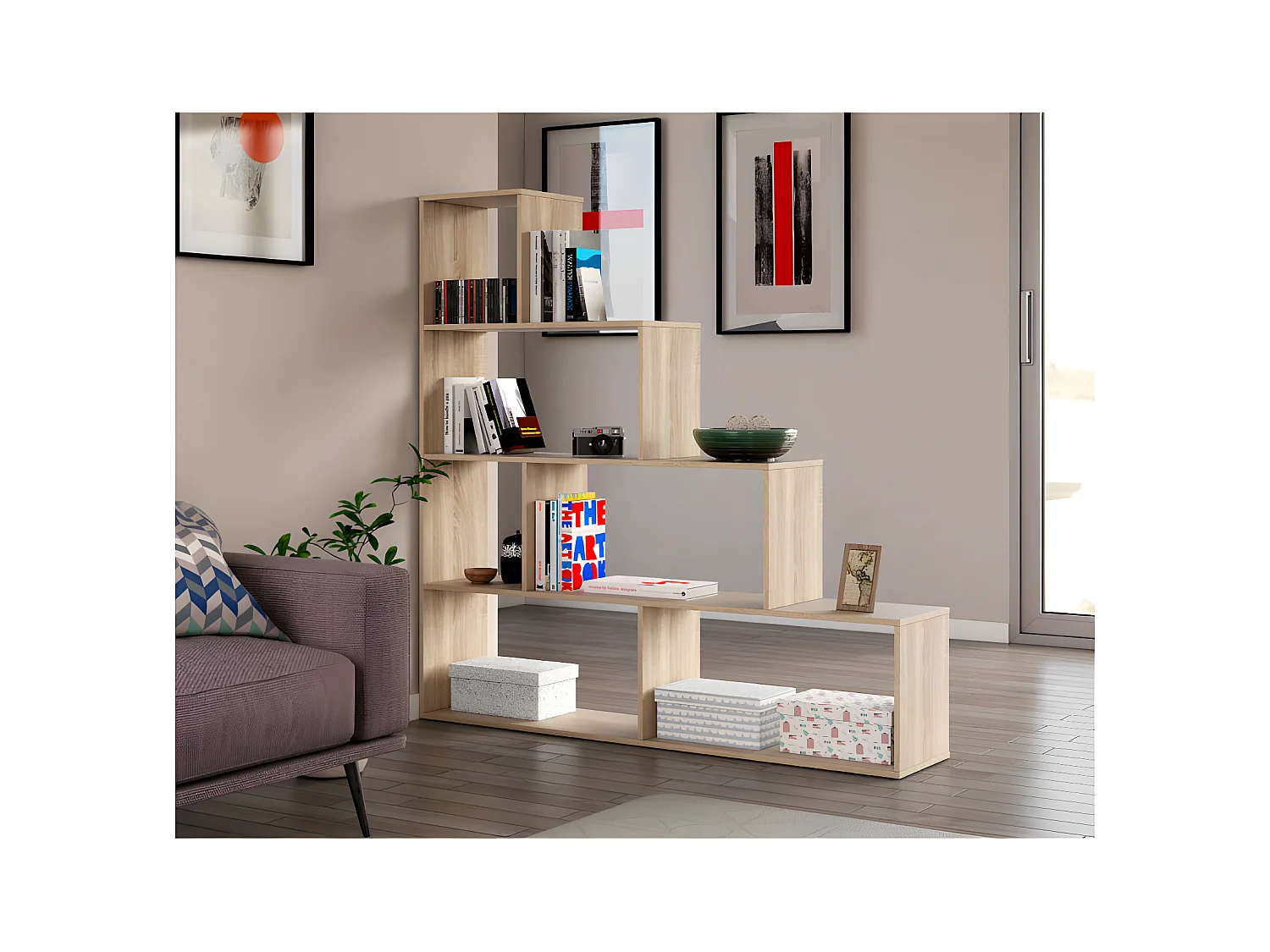 Bibliothèque escalier 4 niveaux 6 niches Chêne -CELESTE - L 145 x l 29 x H 145 cm