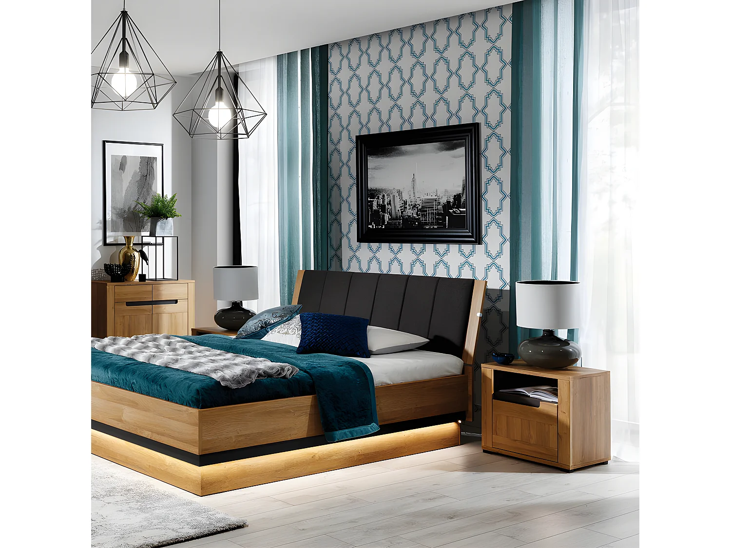 Table de chevet droite 1 tiroir Chêne/Gris - CRACOVIE - L 58 x l 39.5 x H 50.5 cm