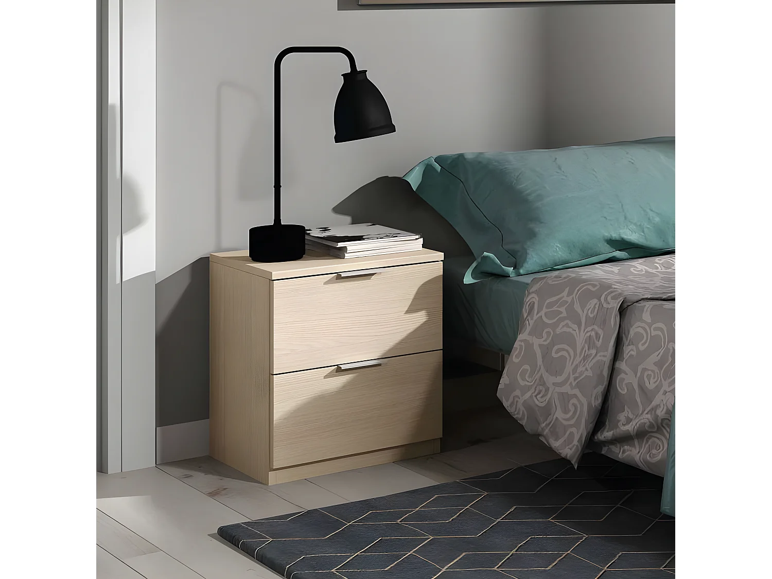 Table de chevet 2 tiroirs Chêne clair - LUCIA - L 38 x l 33.5 x H 45 cm