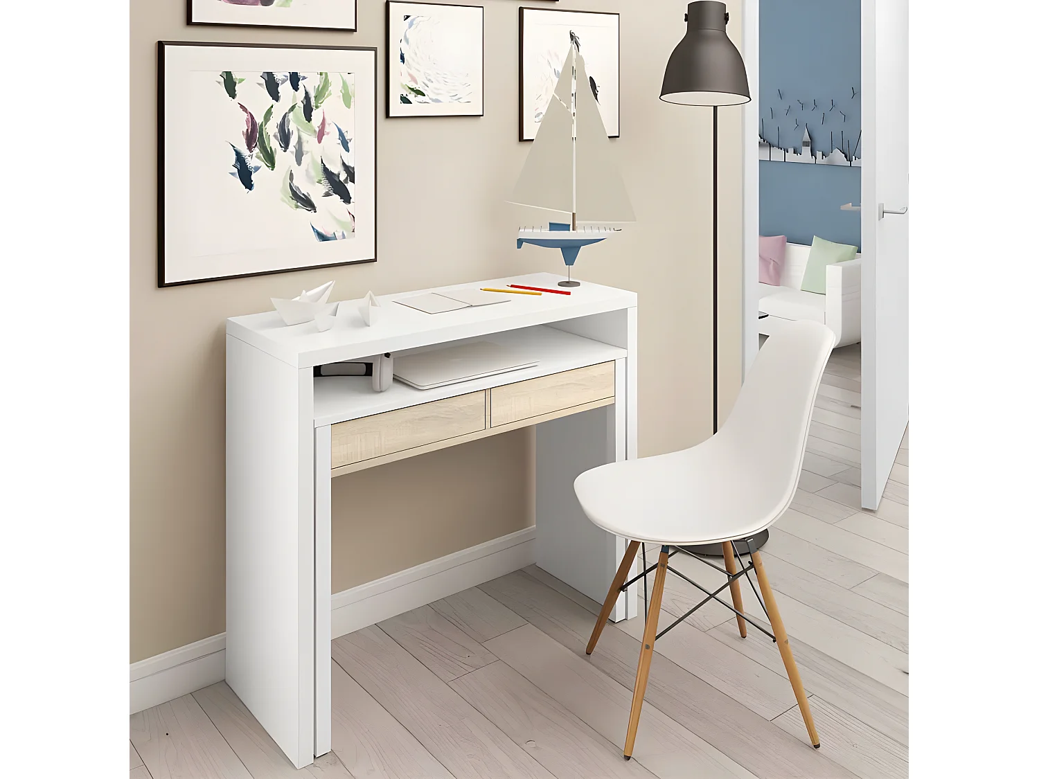 Console bureau extensible Blanc/Chêne clair - NIAL - L 99 x l 36 x H 88 cm