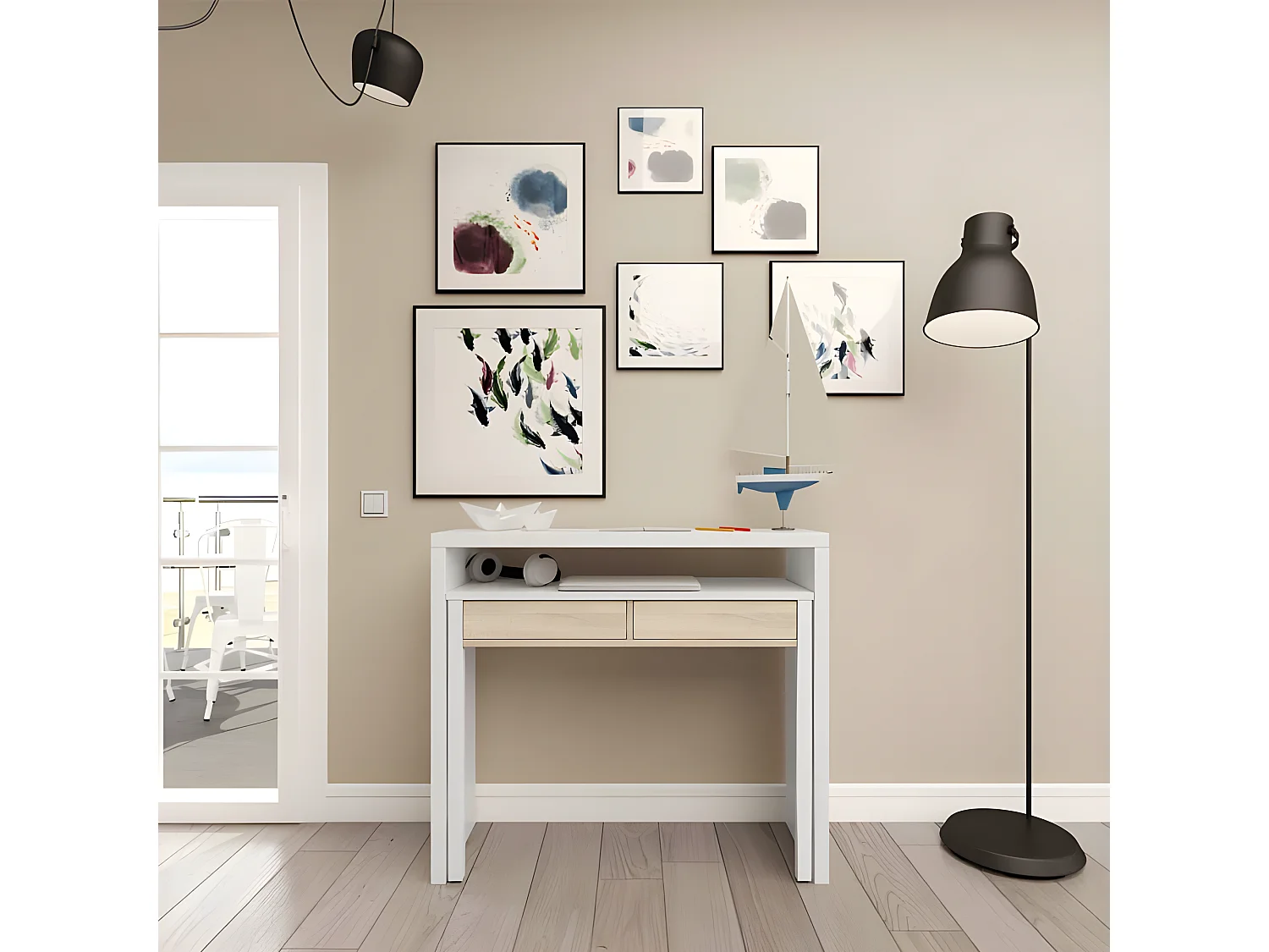 Console bureau extensible Blanc/Chêne clair - NIAL - L 99 x l 36 x H 88 cm