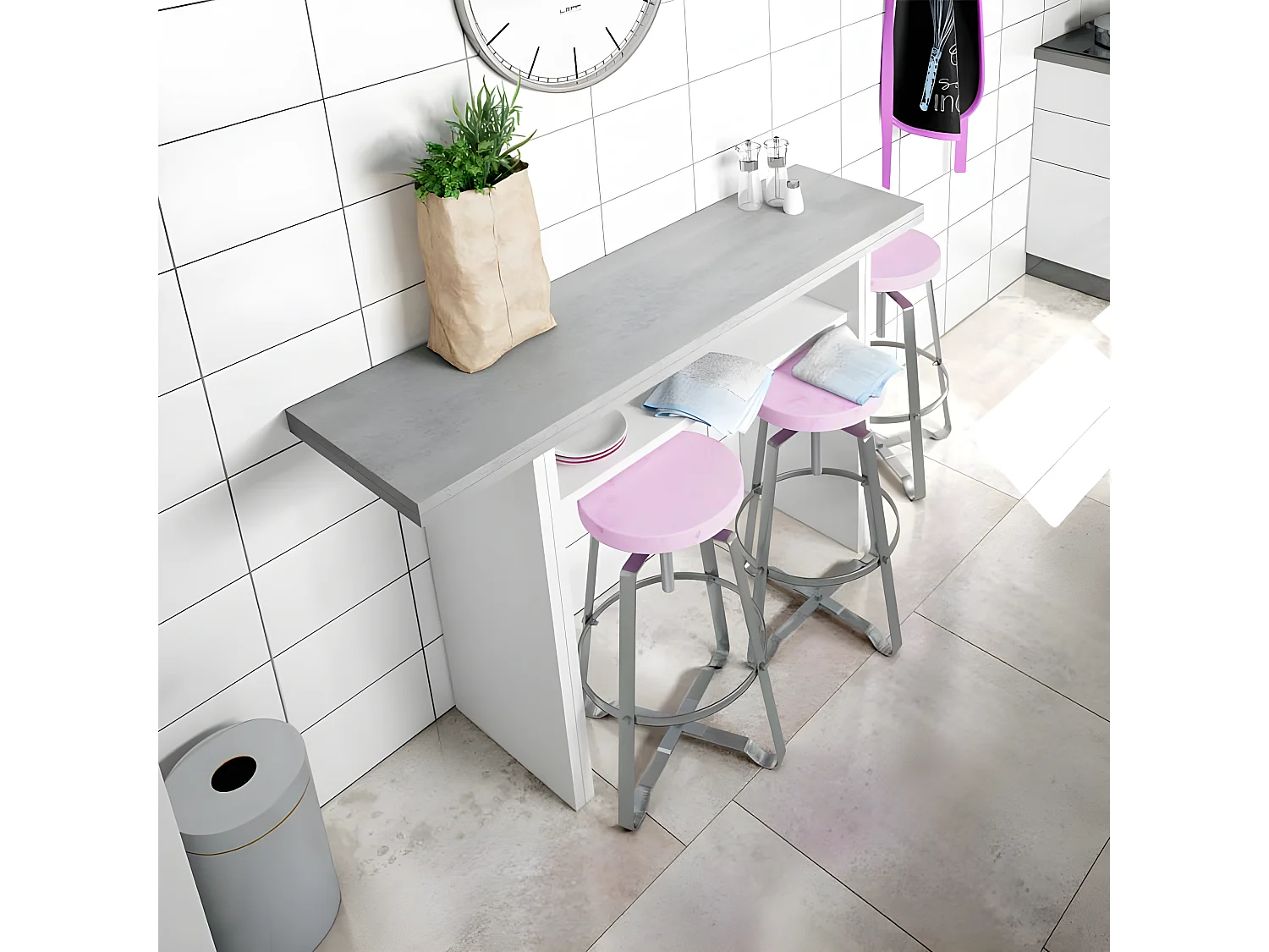 Table console extensible Blanc/Béton - TAVALA - L 120 x l 35/70 x H 77