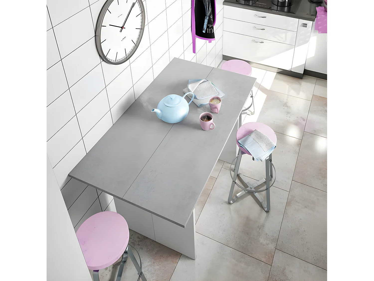 Table console extensible Blanc/Béton - TAVALA - L 120 x l 35/70 x H 77