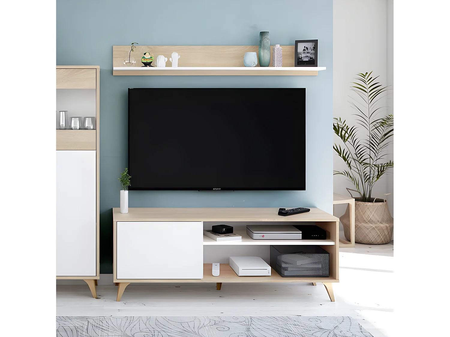 Meuble TV avec étagère Blanc/Chêne - SAG - L 135 x l 40 x H 50 cm