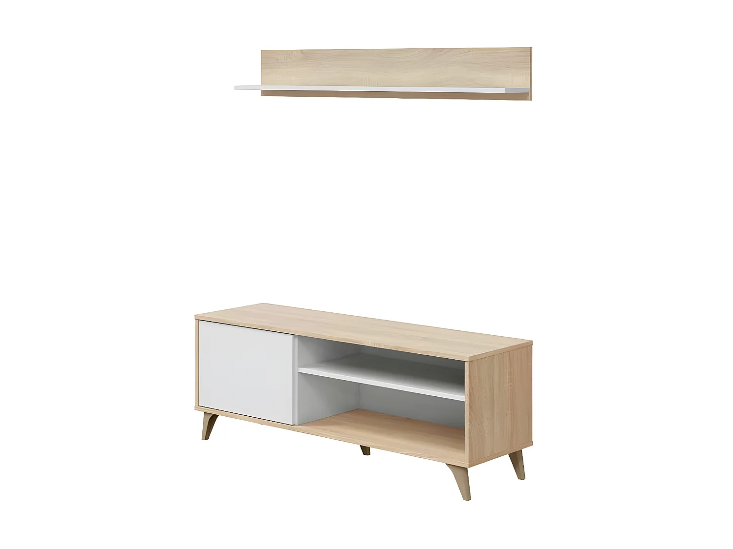 Meuble TV avec étagère Blanc/Chêne - SAG - L 135 x l 40 x H 50 cm