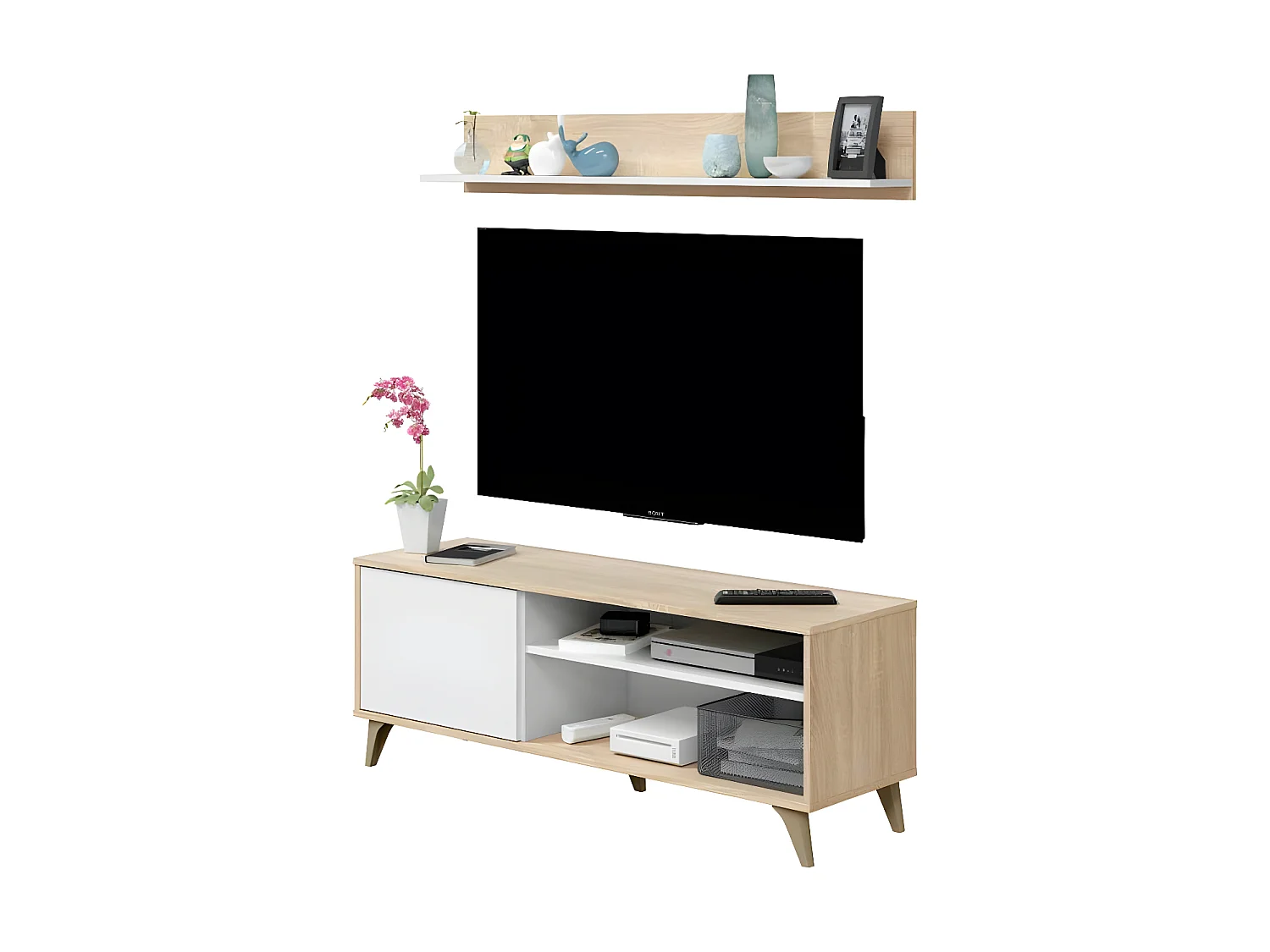 Meuble TV avec étagère Blanc/Chêne - SAG - L 135 x l 40 x H 50 cm