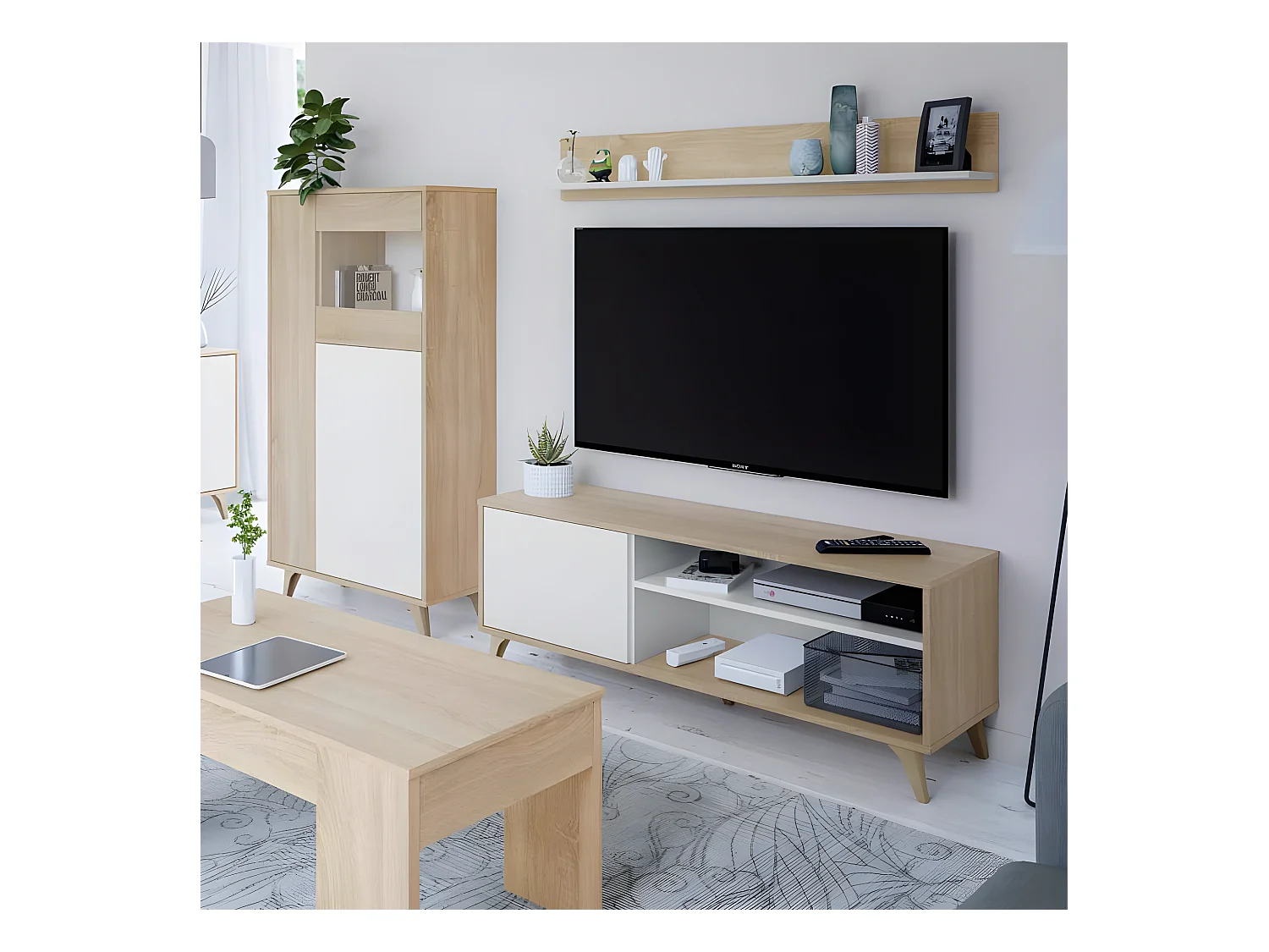 Meuble TV avec étagère Blanc/Chêne - SAG - L 135 x l 40 x H 50 cm