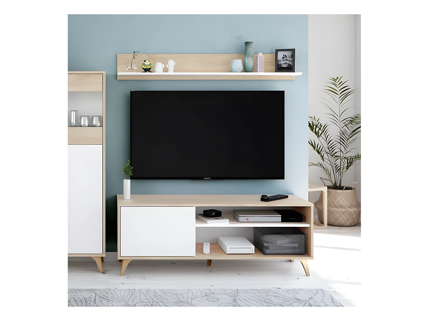 Meuble TV avec étagère Blanc/Chêne - SAG - L 135 x l 40 x H 50 cm