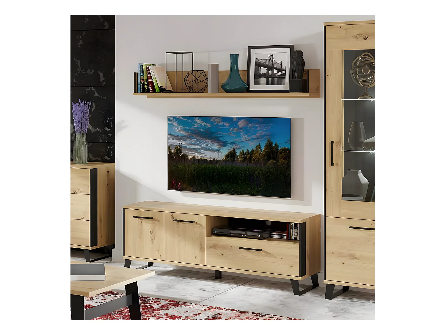 Meuble TV 2 portes battantes 1 tiroir Chêne/Métal - SEATTLE - L 150 x l 40 x H 54 cm