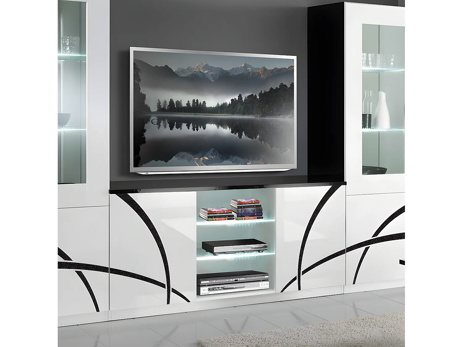 Meuble TV 2 portes Blanc/Noir à LEDS - CROSS - L 150 x l 47 x H 70 cm