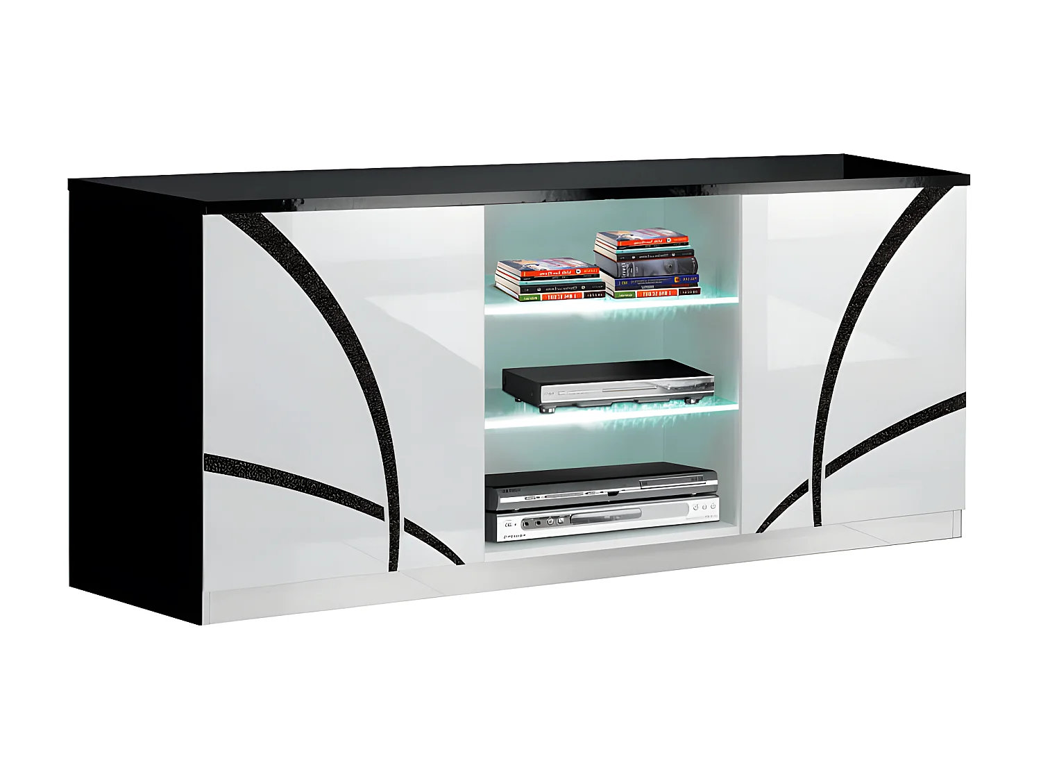 Meuble TV 2 portes Blanc/Noir à LEDS - CROSS - L 150 x l 47 x H 70 cm