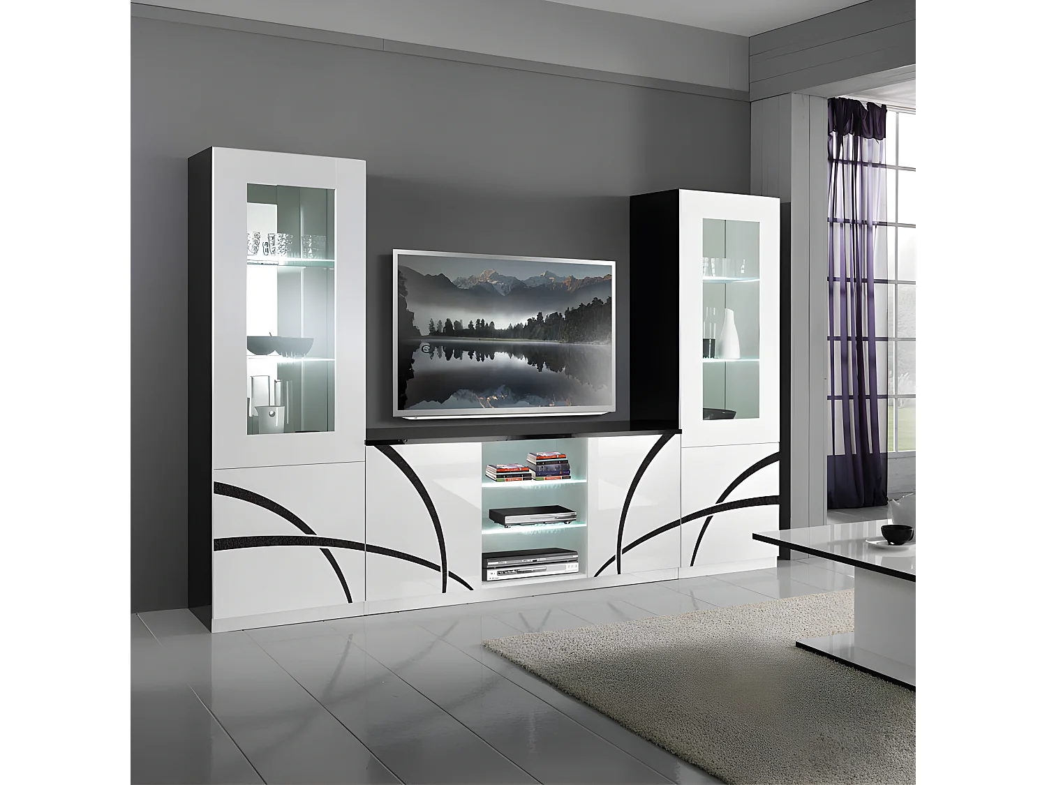 Meuble TV 2 portes Blanc/Noir à LEDS - CROSS - L 150 x l 47 x H 70 cm