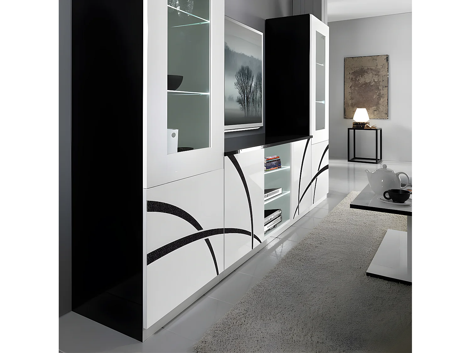 Meuble TV 2 portes Blanc/Noir à LEDS - CROSS - L 150 x l 47 x H 70 cm