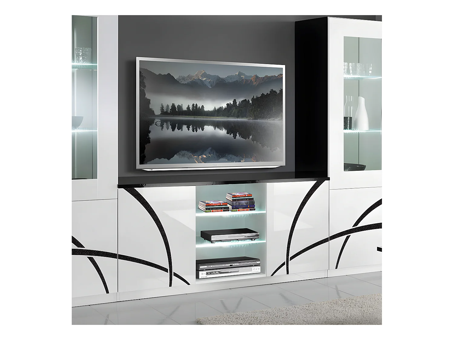 Meuble TV 2 portes Blanc/Noir à LEDS - CROSS - L 150 x l 47 x H 70 cm