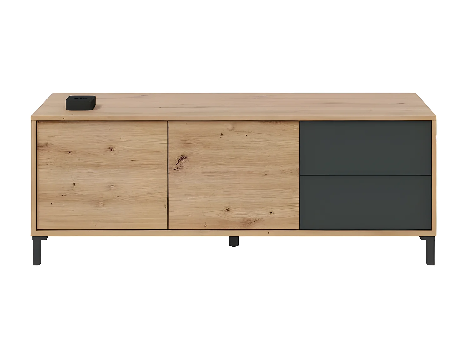 Meuble TV 2 portes Béton/Chêne - CALIA - L 130 x l 41 x H 47 cm