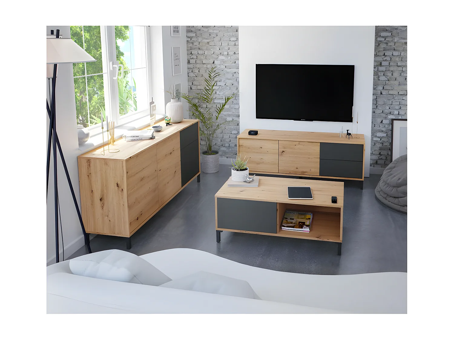 Meuble TV 2 portes Béton/Chêne - CALIA - L 130 x l 41 x H 47 cm