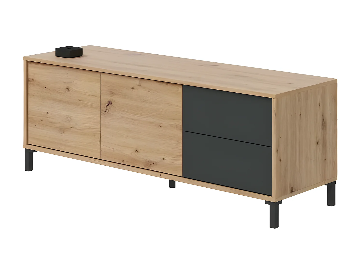 Meuble TV 2 portes Béton/Chêne - CALIA - L 130 x l 41 x H 47 cm