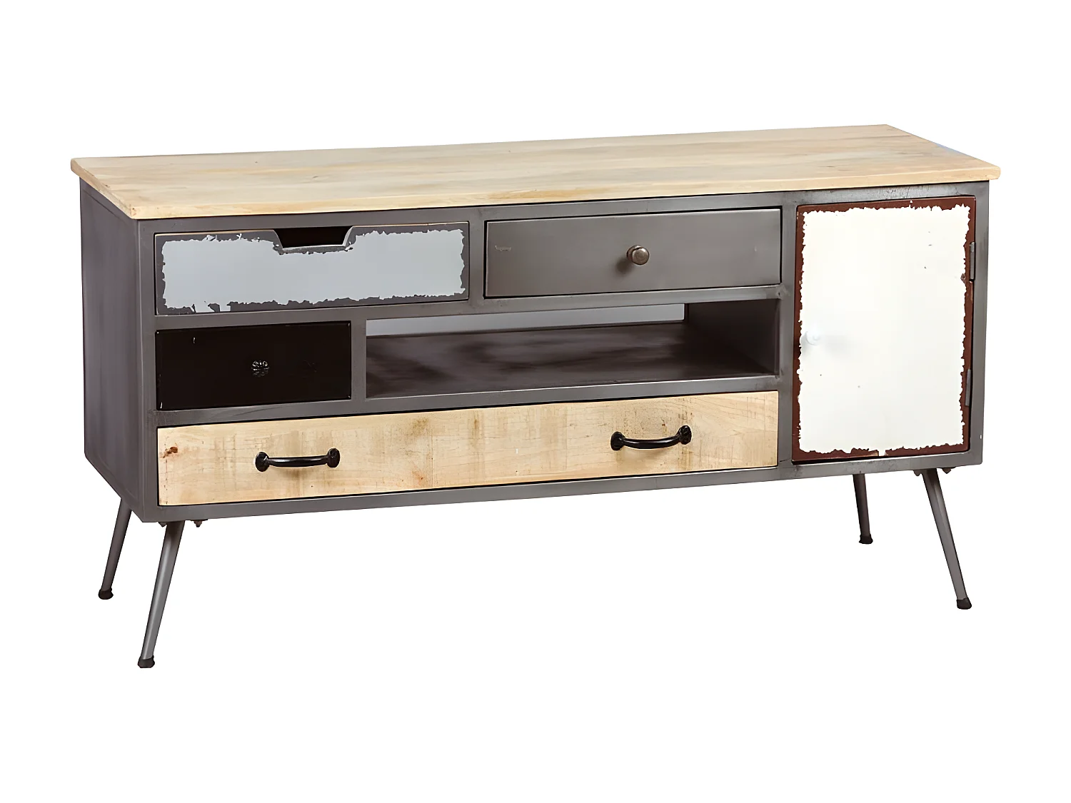 Meuble TV 1 porte 4 tiroirs Bois/Métal - PYPLUS - L 120 x l 42 x H 62 cm