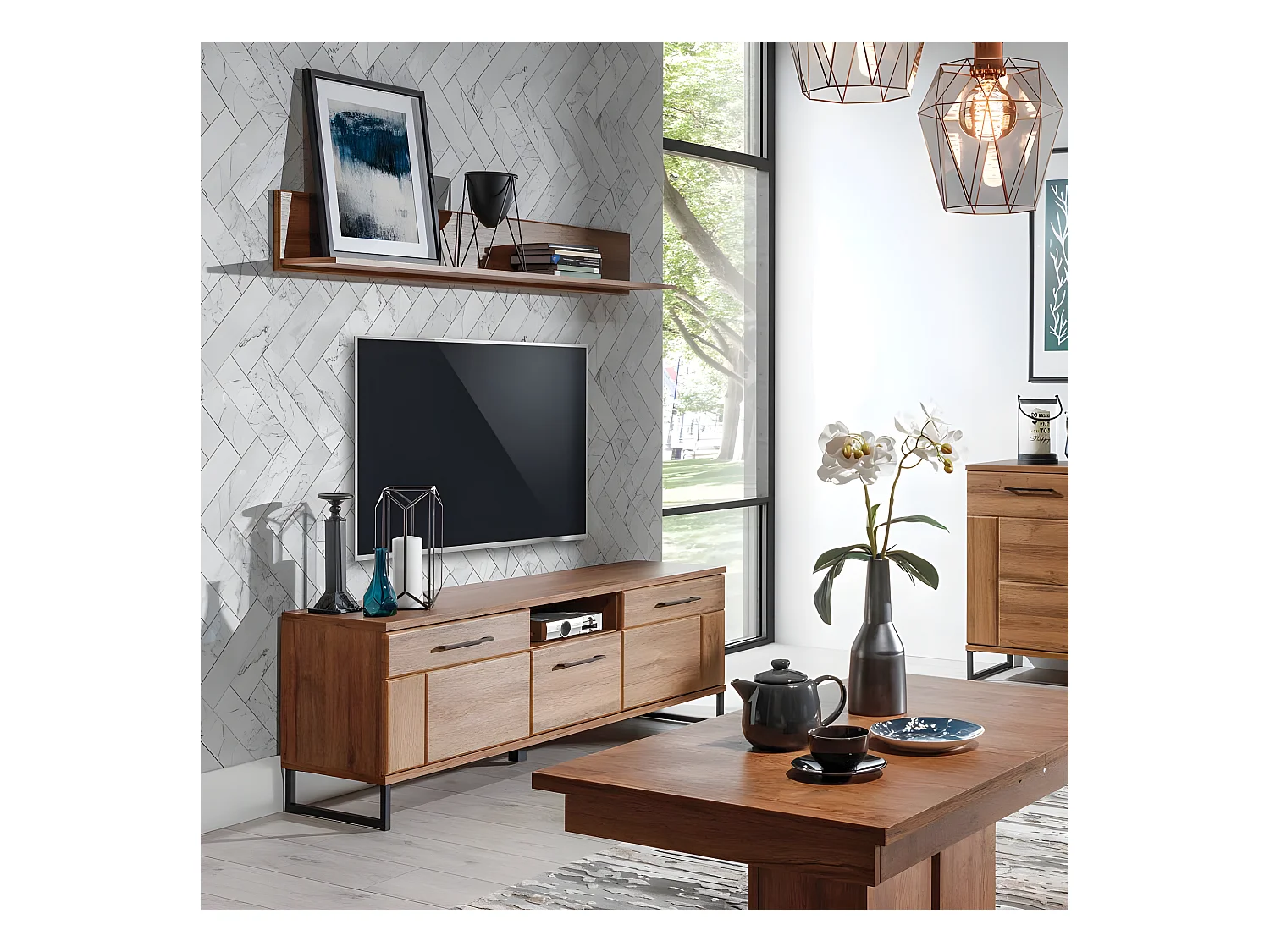 Meuble TV 2 portes 1 tiroir Chêne foncé - VARSOVIE - L 150.5 x l 40 x H 54 cm