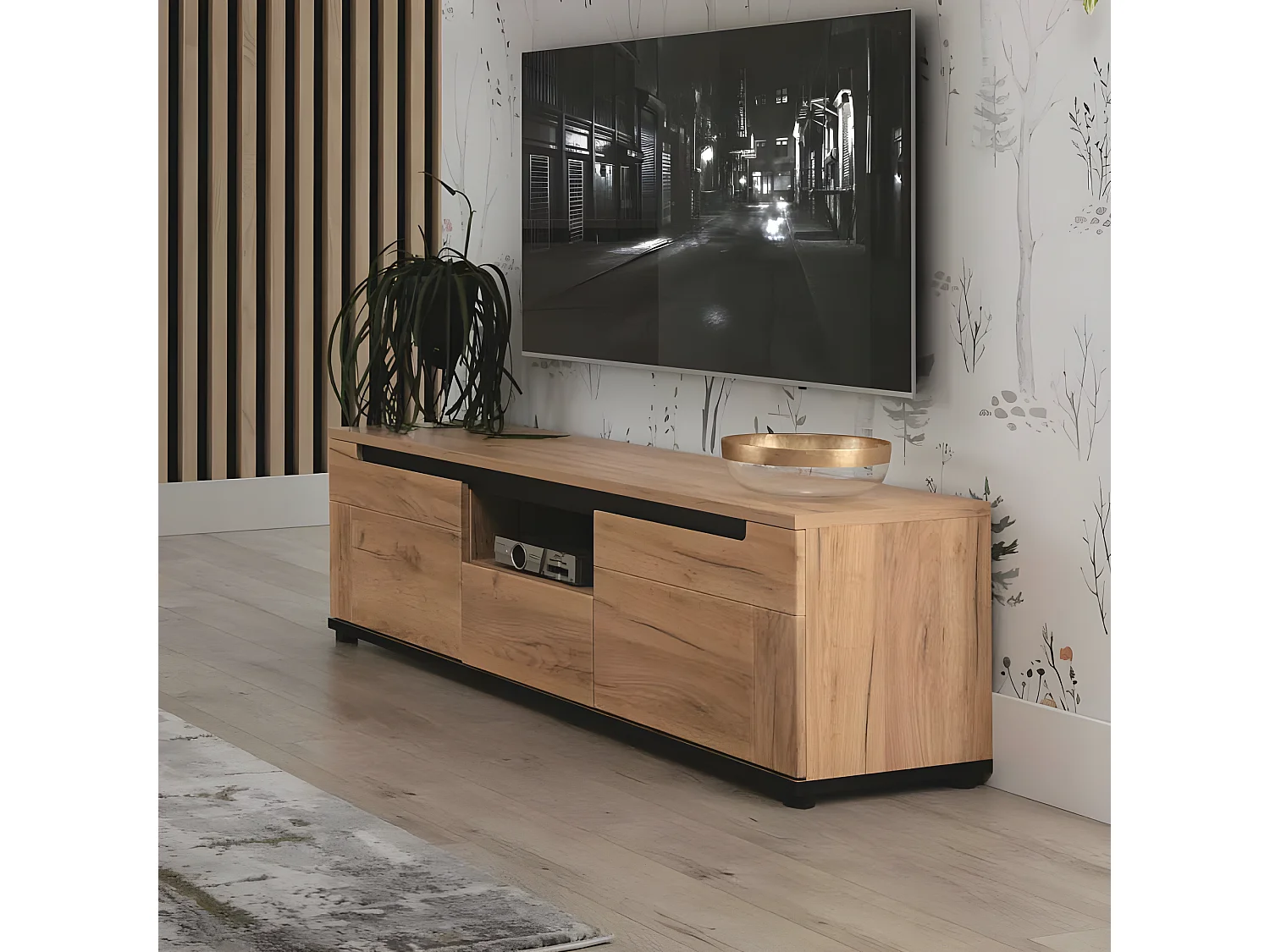 Meuble TV 2 portes 1 tiroir Chêne miel - COSPRI - L 150 x l 39.5 x H 46.5 cm