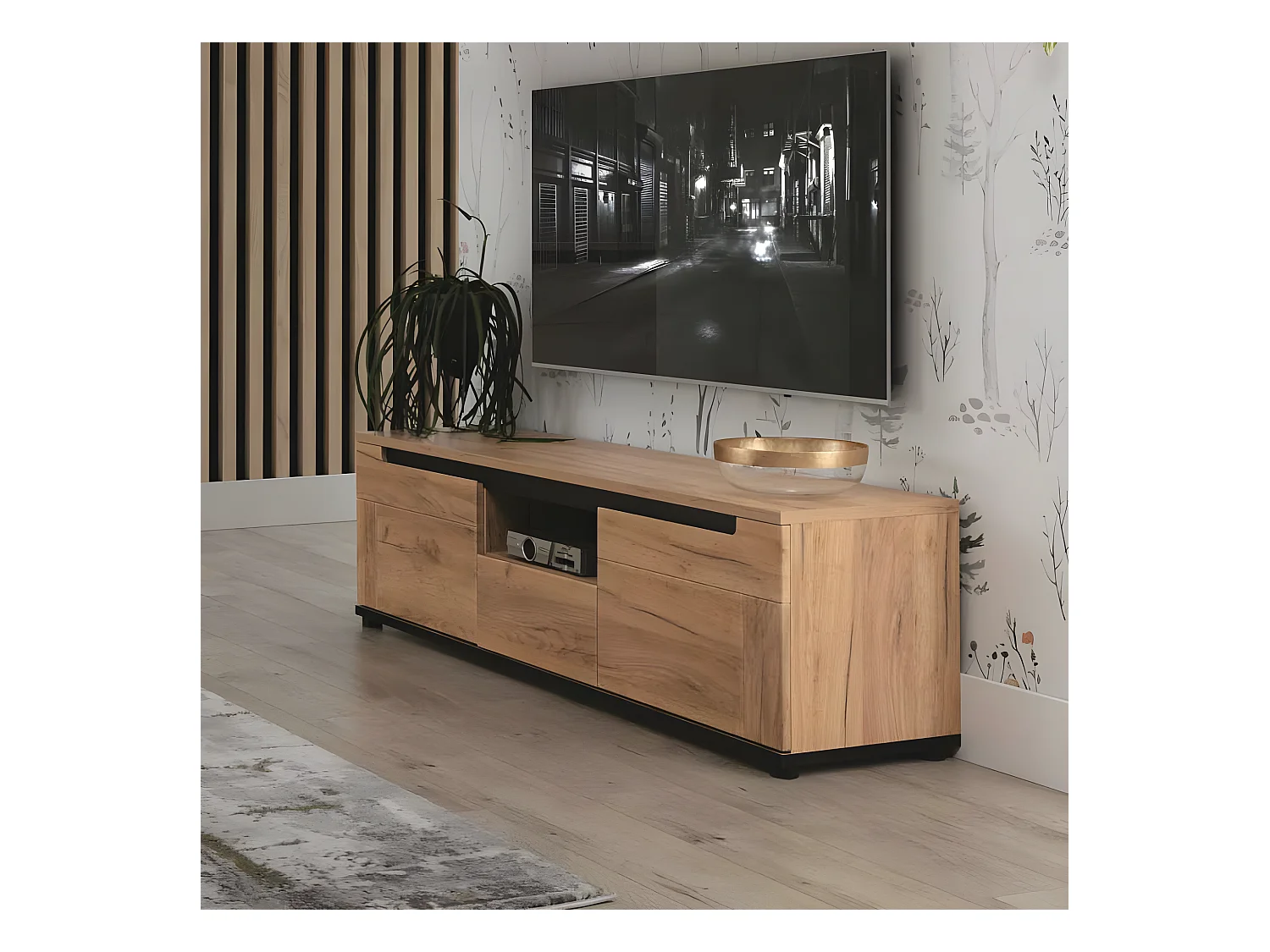 Meuble TV 2 portes 1 tiroir Chêne miel - COSPRI - L 150 x l 39.5 x H 46.5 cm