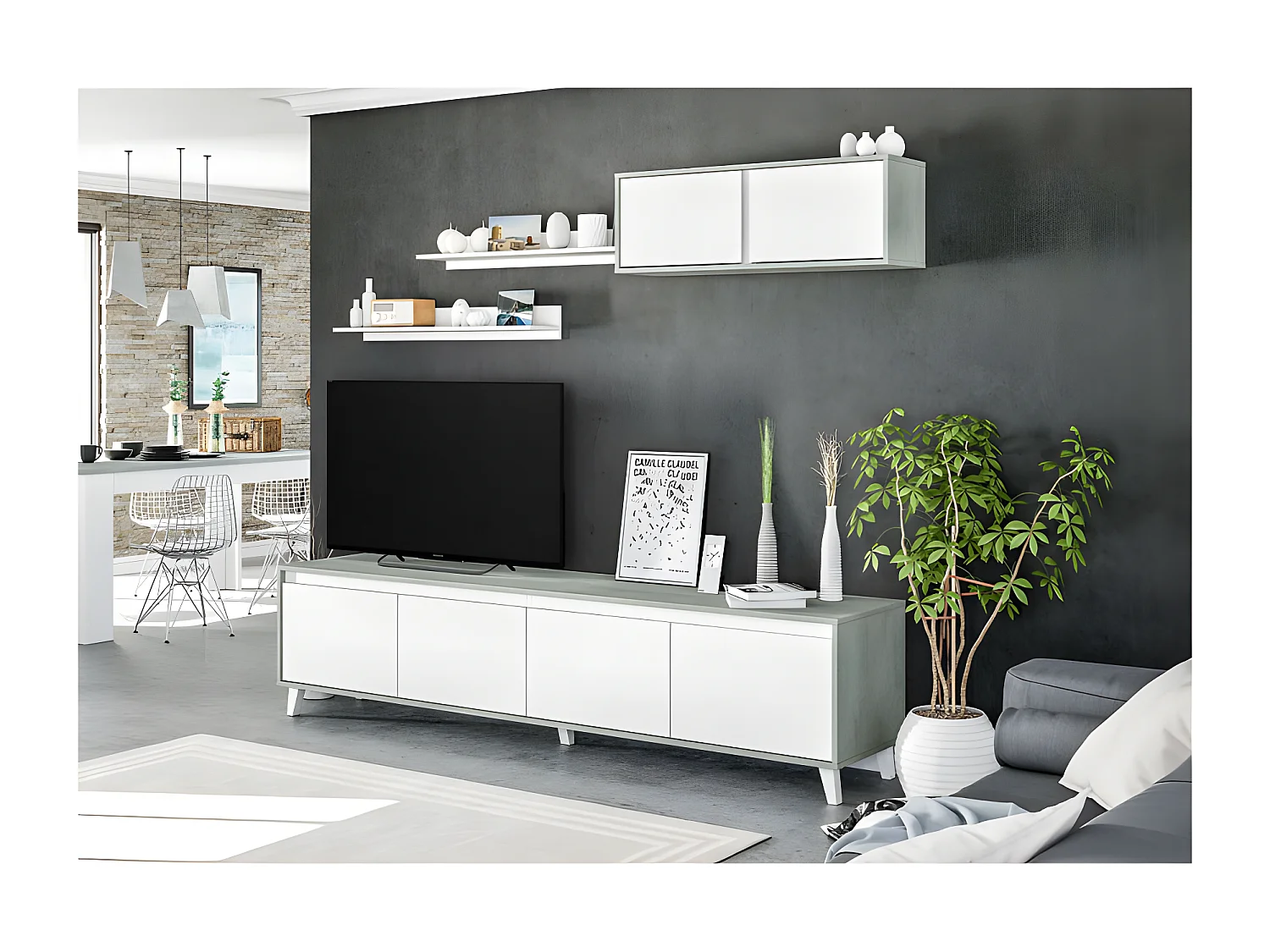 Composition TV Blanc/Béton - STEFA