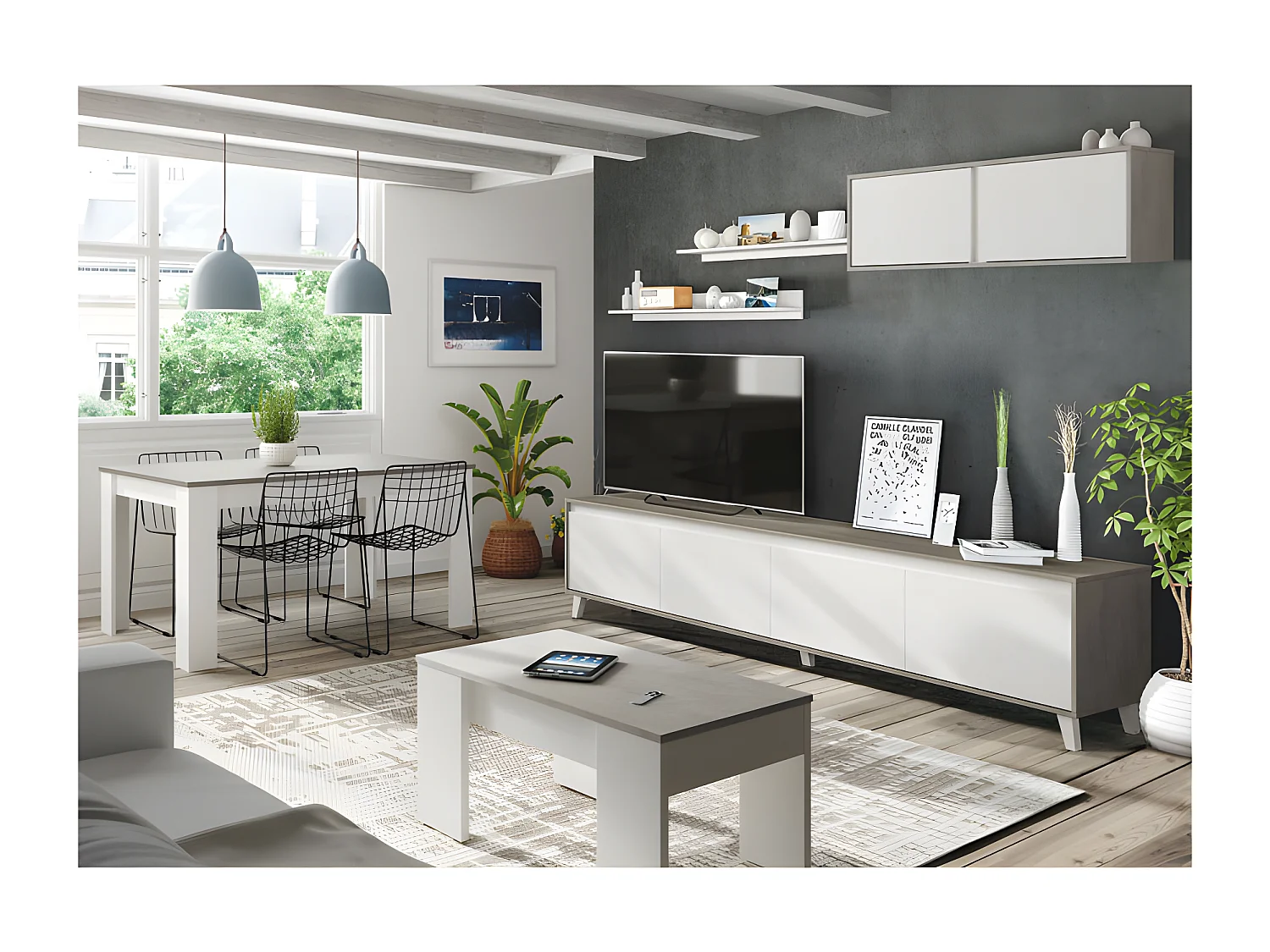 Composition TV Blanc/Béton - STEFA