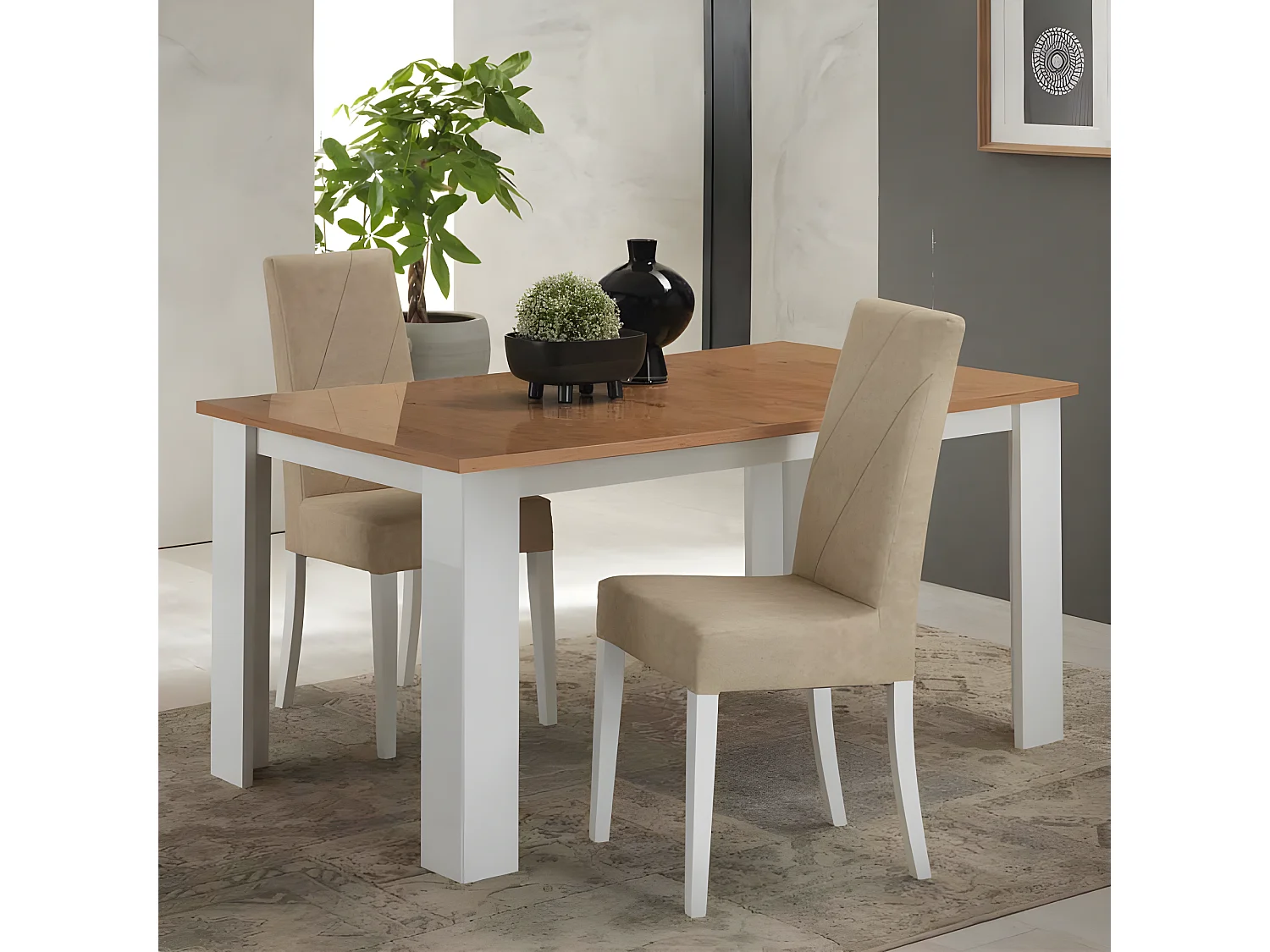 Table de repas rectangulaire Laqué Blanc Brillant/Bois - AVELLINO - L 160 x l 90 x H 75 cm