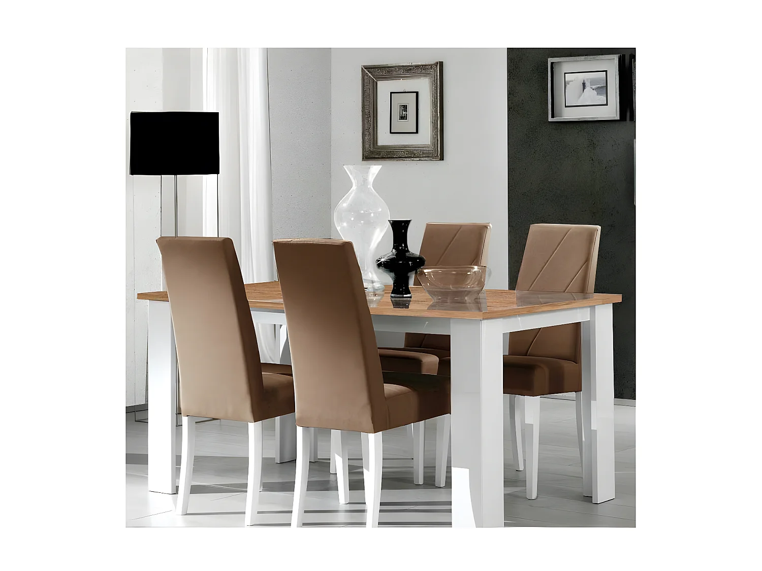 Table de repas rectangulaire Laqué Blanc Brillant/Bois - AVELLINO - L 160 x l 90 x H 75 cm