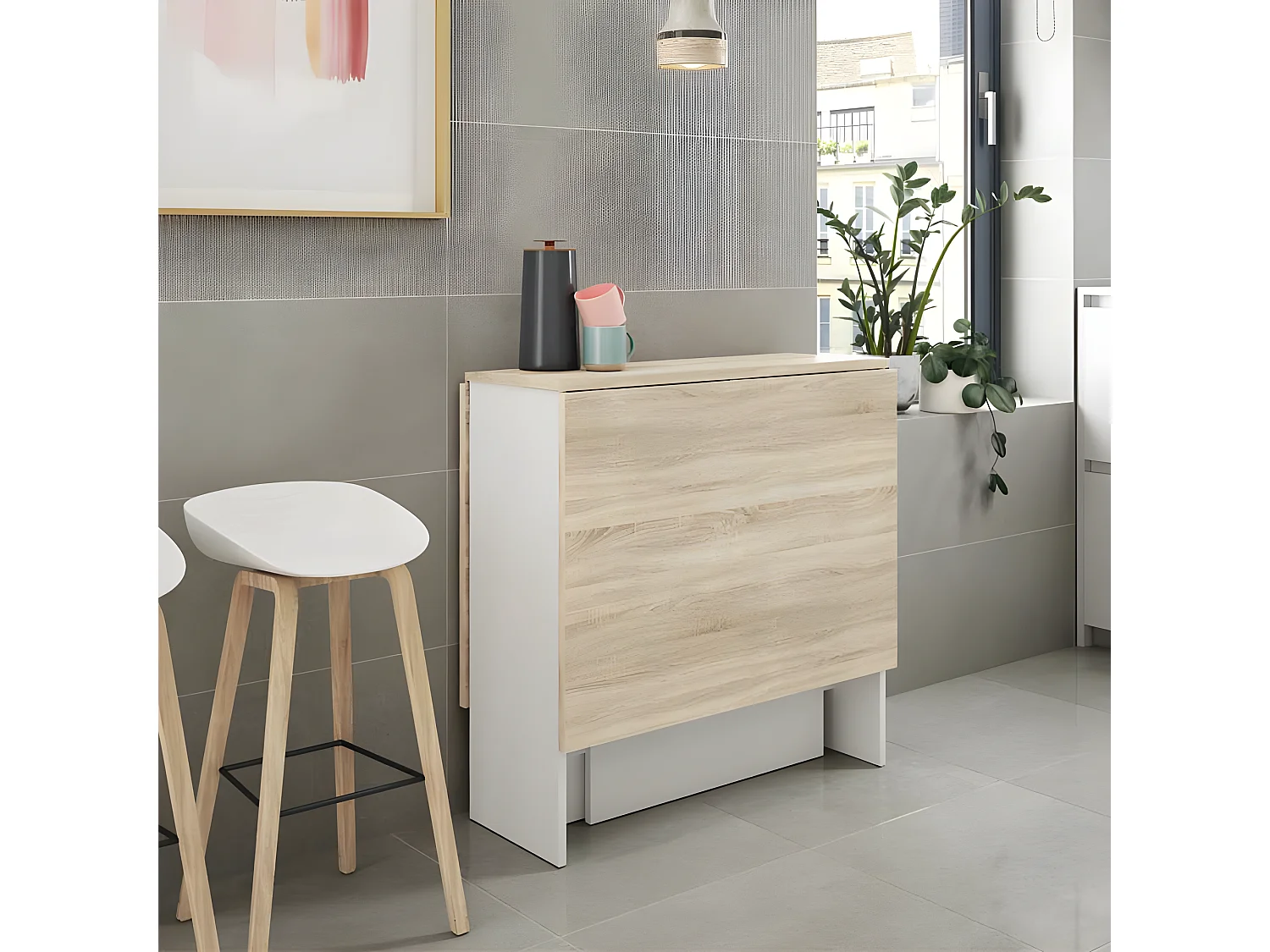 Table de repas pliante Blanc/Chêne clair - CARTIA - L 140 x l 77 x H 78 cm