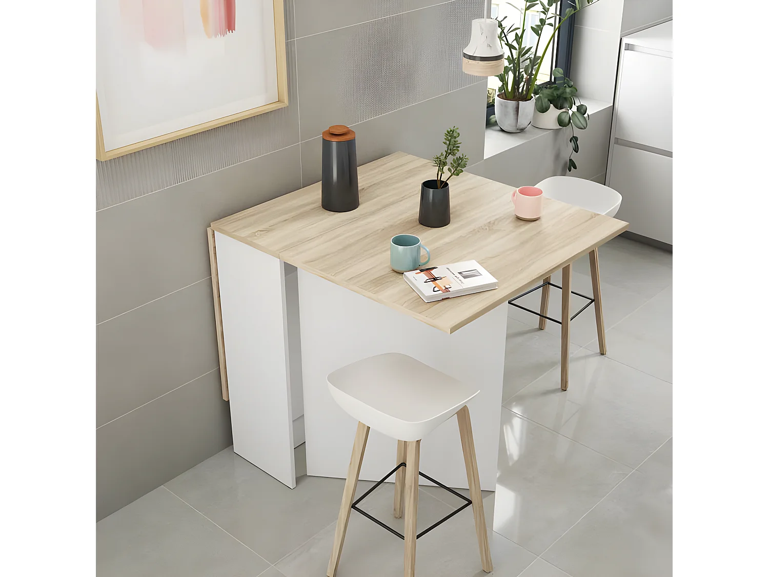 Table de repas pliante Blanc/Chêne clair - CARTIA - L 140 x l 77 x H 78 cm