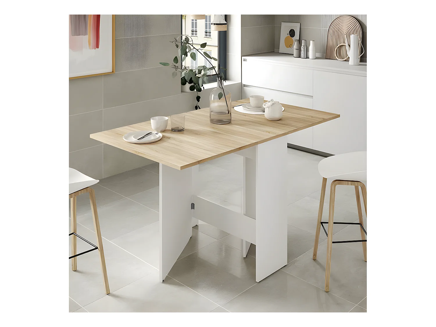 Table de repas pliante Blanc/Chêne clair - CARTIA - L 140 x l 77 x H 78 cm