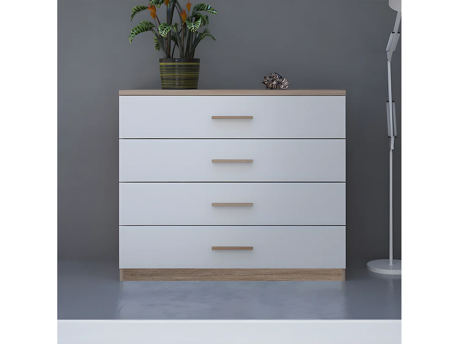 Commode 4 tiroirs Blanc/Chêne - STAYA - L 100 x l 42 x H 85 cm