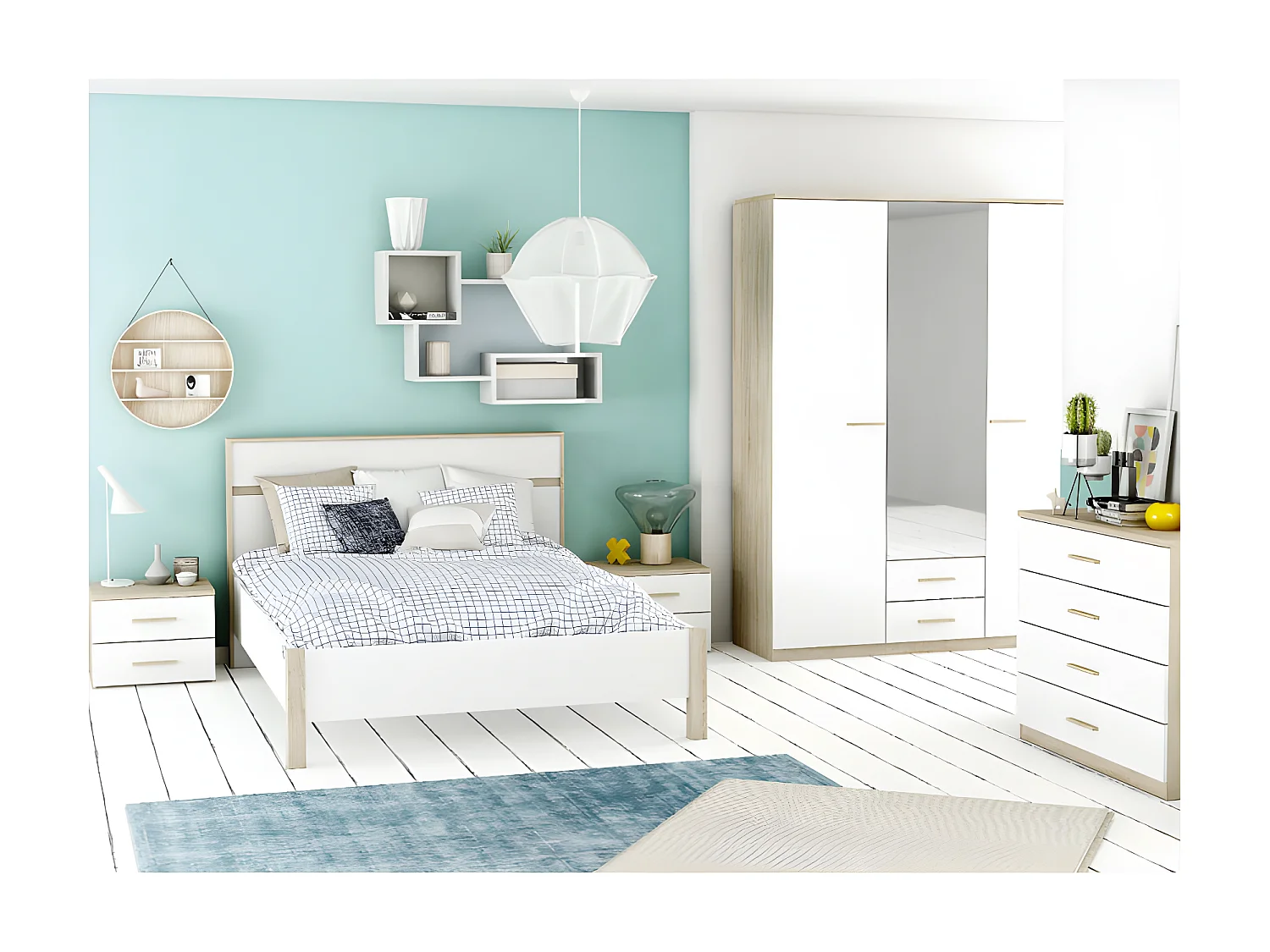 Commode 4 tiroirs Blanc/Chêne - STAYA - L 100 x l 42 x H 85 cm