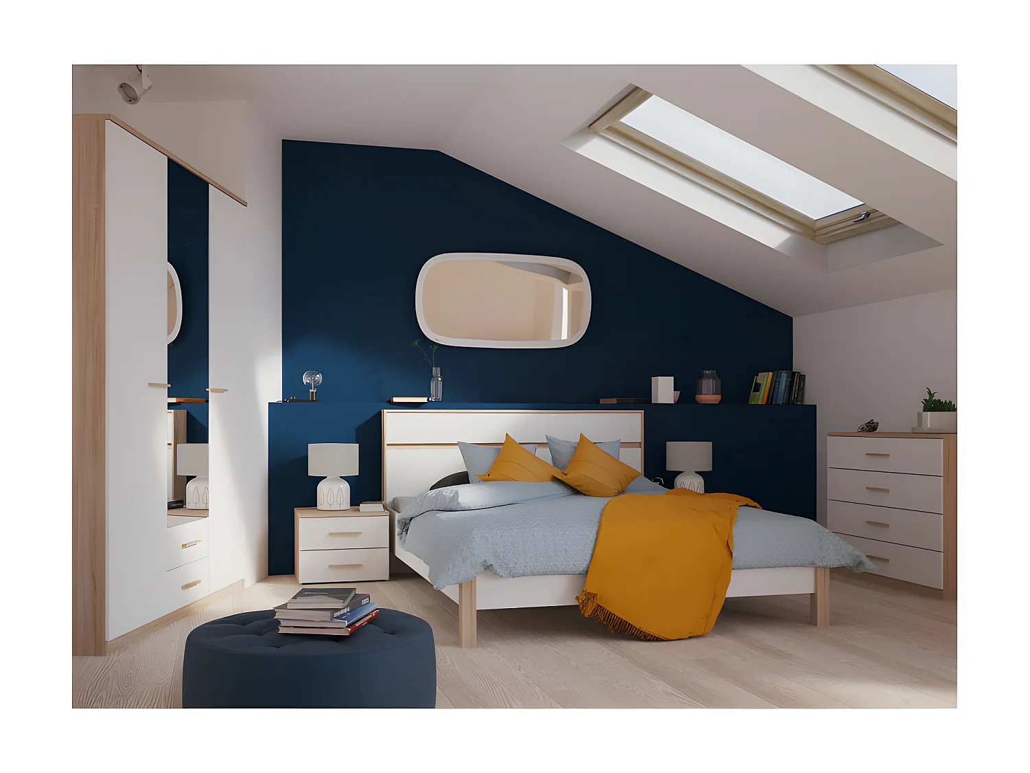 Commode 4 tiroirs Blanc/Chêne - STAYA - L 100 x l 42 x H 85 cm