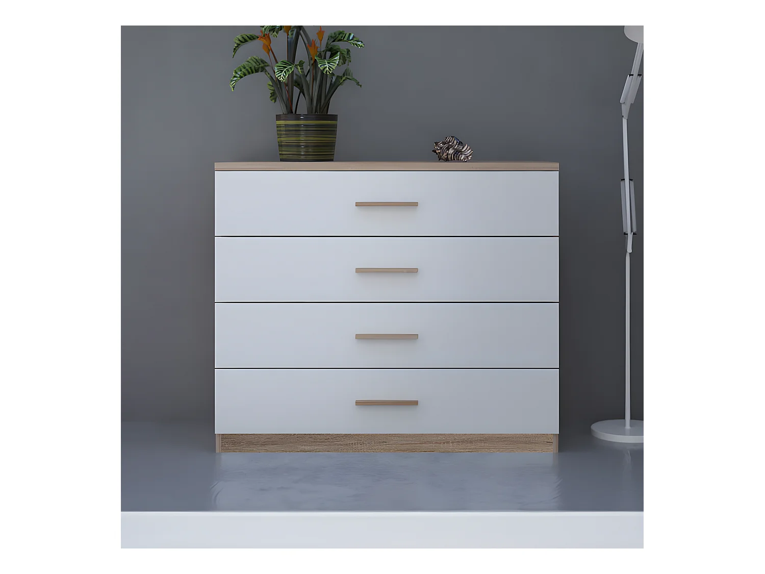 Commode 4 tiroirs Blanc/Chêne - STAYA - L 100 x l 42 x H 85 cm