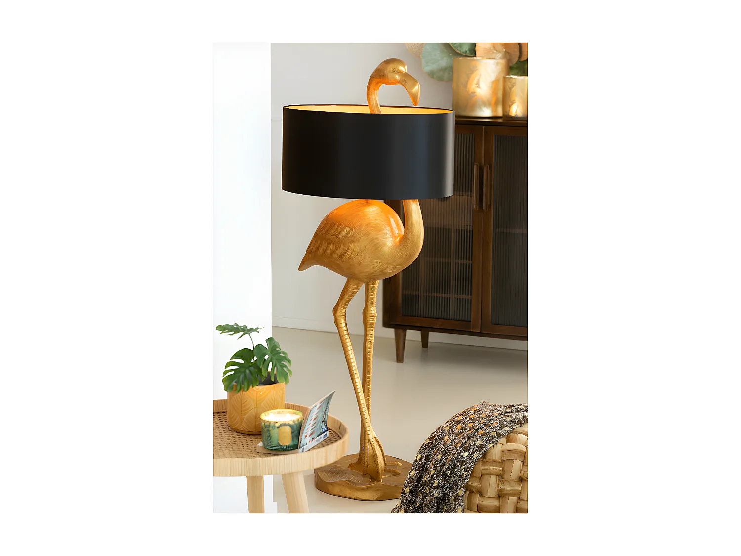 Lampe Flamant Rose Resine Or/Noir - L 55 x l 41 x H 139 cm