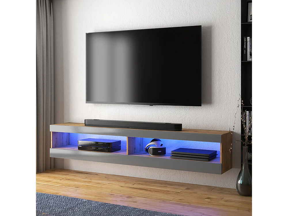 Meuble TV - 140 cm - Chêne Lancaster / Gris brillant - VIANSOLA
